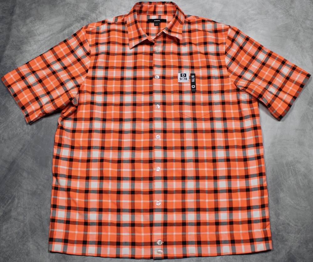 Diesel Shirt Mens Small Orange Plaid Short Sleeve Button Front Casual Twill